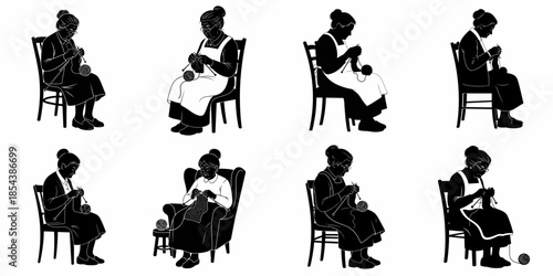 Collection of eight black and white silhouettes showing elderly women sitting and knitting yarn, representing traditional craft and hobbies.