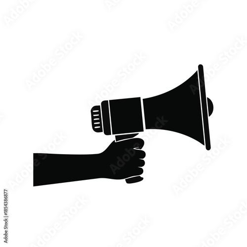Hand holding megaphone announcement symbol.