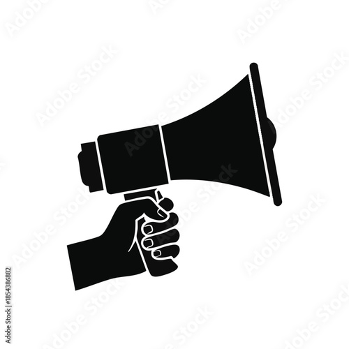 Hand holding megaphone loudspeaker announcement.