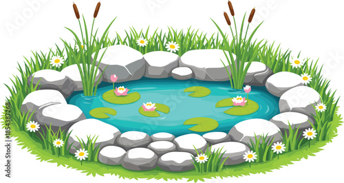 Beautiful garden pond vector illustration featuring blue water with lily pads pink flowers green grass reeds white rocks and daisies isolated on white