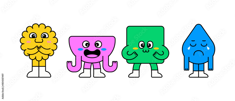 Obraz premium Cute set of geometric cartoon characters showing different emotions like happy, excited, shy, and sad. Flat colorful illustration perfect for kids designs, emotions concepts, education, and stickers.
