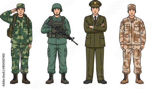 Collection of military soldier vectors featuring various army uniforms including camouflage gear tactical equipment and official parade dress isolated on white background.