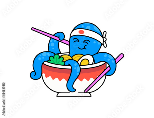Octopus happily eating ramen from a bowl using chopsticks. this playful cartoon illustration is perfect for food themes, kids content, mascots, and fun branding designs