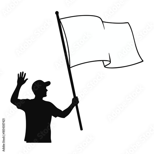 Man Waving White Flag Silhouette Symbol of Surrender or Peace.