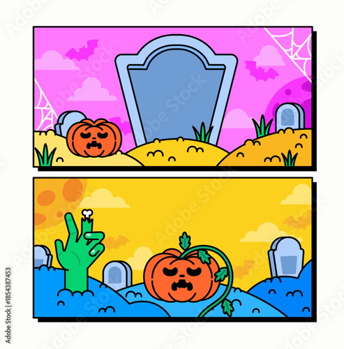 Banner colorful cartoon halloween graveyard illustration featuring pumpkins, tombstones, bats, and spooky elements. perfect for halloween posters, kids designs, and festive decorations.