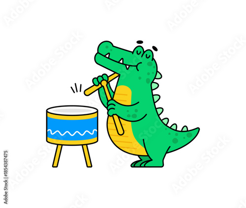 A fun cartoon illustration of a green crocodile playing a drum with sticks. for children content, music themes, playful designs, and creative educational projects vector in hand drawn style