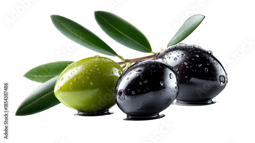 Fresh green and black olives with sparkling water droplets on an olive branch, ideal for food industry advertisements, healthy eating campaigns, and culinary product promotion.