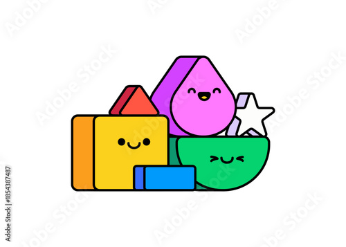 Cute colorful geometric characters set with smiling faces
