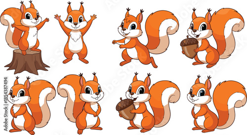Collection of cute cartoon squirrel characters with bushy tails and big eyes in different poses including holding an acorn and standing on stump
