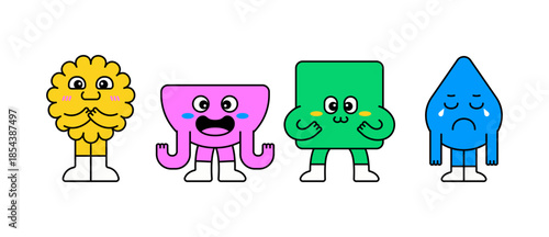 Cute set of geometric cartoon characters showing different emotions like happy, excited, shy, and sad. Flat colorful illustration perfect for kids designs, emotions concepts, education, and stickers.