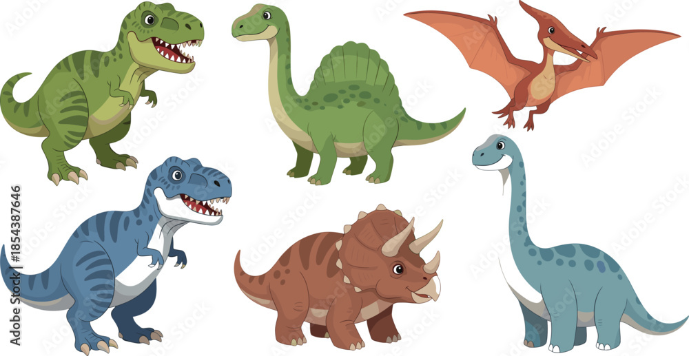 Fototapeta premium Collection of cute dinosaur vectors featuring Tyrannosaurus Rex Triceratops Brachiosaurus and Pterodactyl prehistoric animal characters isolated on a clean white background set.