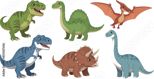 Collection of cute dinosaur vectors featuring Tyrannosaurus Rex Triceratops Brachiosaurus and Pterodactyl prehistoric animal characters isolated on a clean white background set.