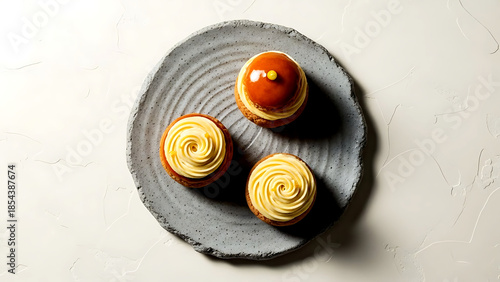 Minimalist, wabi-sabi haute cuisine style of three yuzu-infused Saint-Honoré with glossy caramel choux, yuzu Chantilly roses, on a rough handmade gray Shigaraki ceramic platter 