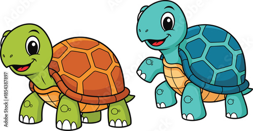Cute vector illustration of two friendly cartoon tortoises featuring green and blue shells with smiling faces isolated on a clean white background.
