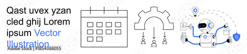 Productivity tools, workflow systems, technological advancement, automation solutions, cybersecurity, data protection. Calendar icon, gear process and robot with shield. Productivity and workflow