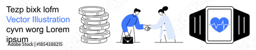 Financial growth, business partnerships, health tracking, digital services, technology trends, wellness. Stack of coins, handshake smartwatch with heartbeat icon. Financial growth and wellness