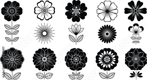 Collection of minimalist black and white floral vectors featuring various flower silhouettes and botanical plant icons isolated on a clean white background.