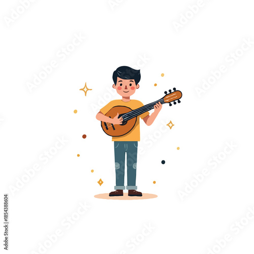 Illustration of a young man playing a stringed instrument creating a musical atmosphere and