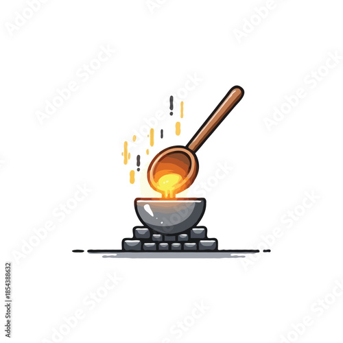 Illustration showcasing molten substance pouring gently in a stylized cartoon metal bowl supported