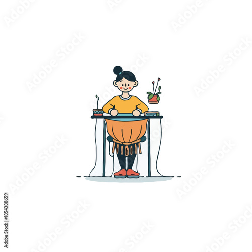 Isolated illustration of a girl crafting creativity at her desk surrounded by plants indoor