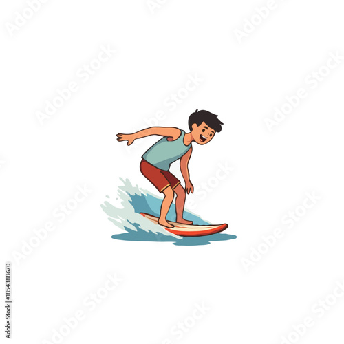 Joyful surfer rides ocean wave illustrated with cartoon flair perfect for summer vacation graphics