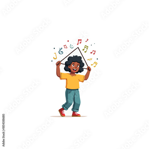 Joyful youngster playing a triangle musical instrument surrounded by vibrant musical notes and