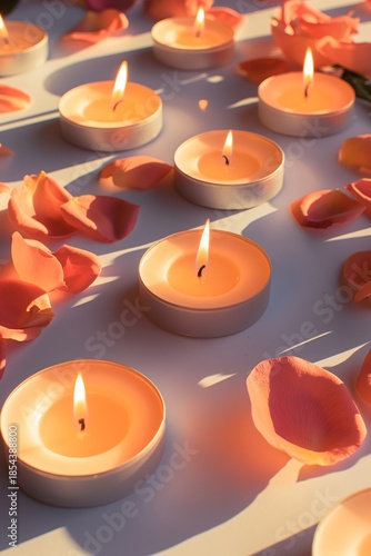 Burning tea lights and scattered pink rose petals create warm, romantic glow and serene, intimate ambiance for celebrations. Valentine's day holiday concept