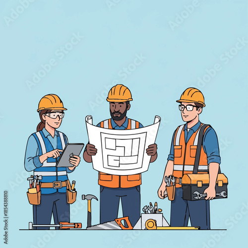 Construction Team Reviewing Blueprint Together.