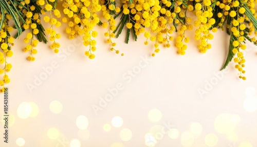 淡いピンク色背景とミモザの花の春フレーム