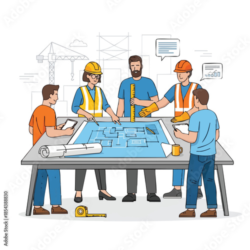 Team of architects discussing building plan.