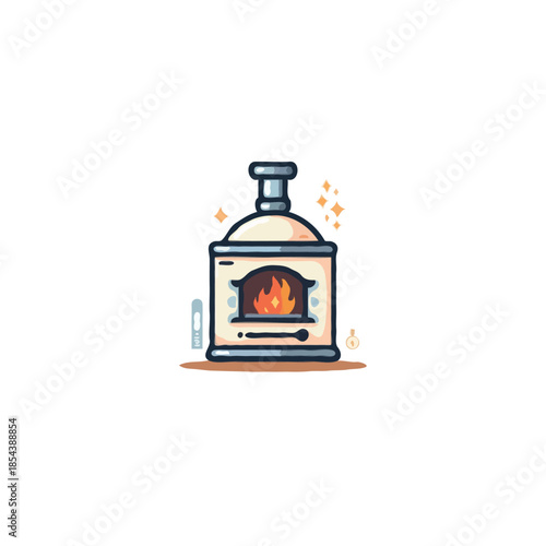 Stylized illustration of an indoor oven with burning flames emanating a cozy warmth and twinkling