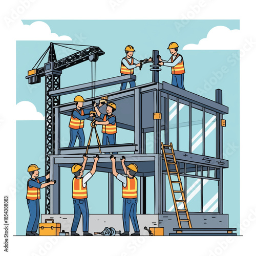Construction workers building modern steel structure.