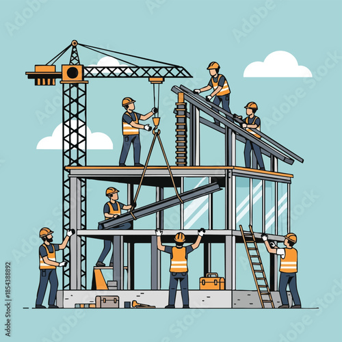 Construction workers building house with crane.