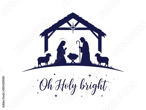 10_Christmas nativity scene silhouette illustration featuring mary joseph and baby jesus with the text oh holy nighttraced