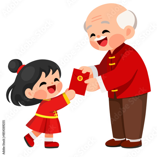 The Elderly giving Hongbao to Grandchild in Chinese Lunar New Year