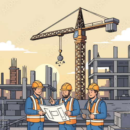 Construction workers discussing blueprint on building site.