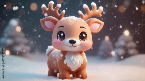 A cute cartoon baby reindeer with big eyes and rosy cheeks stands in a snowy winter wonderland with falling snowflakes and blurred trees in the background.