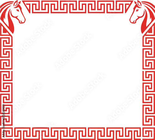 Symmetrical Red Horse Heads with Ornate Chinese Border
