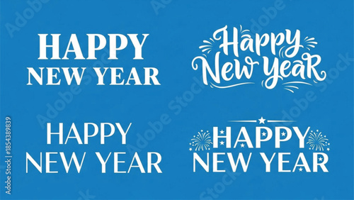 Happy New Year Typography Set White Lettering on Blue Background
