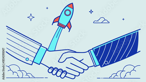 Startup Partnership Rocket Launch Business Success Handshake with vector illustration