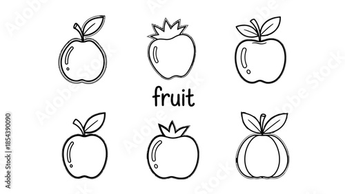 Minimalist hand-drawn fruit icons with 'fruit' text for healthy eating