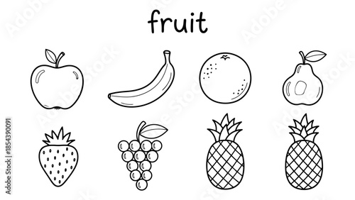 Simple black and white line art of various fruits for coloring