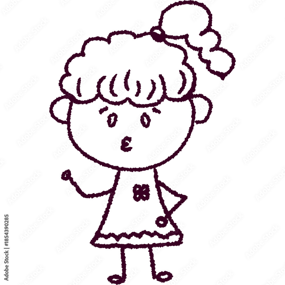 Obraz premium A charming hand-drawn illustration of a young girl with curly hair in a ponytail, a cute dress, and a playful expression, perfect for children's media