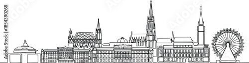 Vienna city skyline continuous black single line art illustration isolated