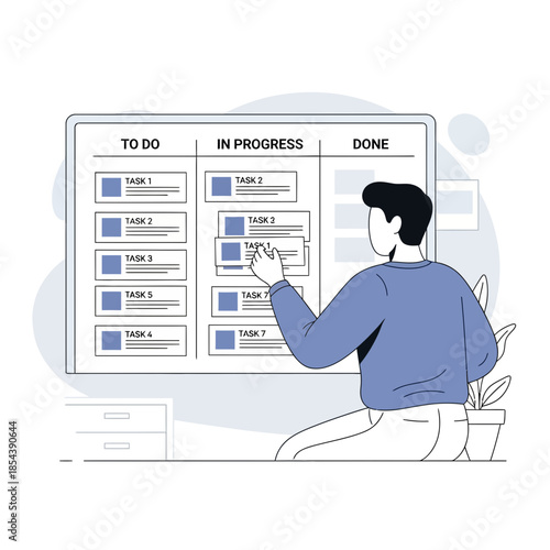 Person managing tasks on a Kanban board, to do, in progress, done workflow