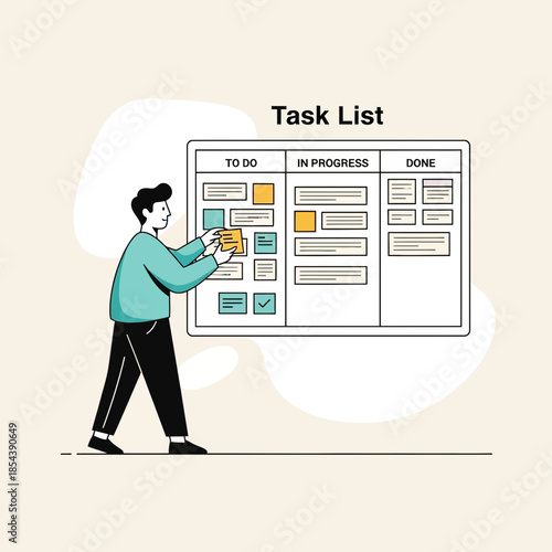 Man Organizing Task List on Kanban Board: To Do, In Progress, Done