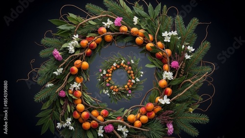 Apricot wreath with evergreen branches and flowers on dark background