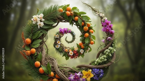 Floral spiral wreath with apricots and orchids in a forest