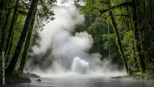 Mystical river scene with geothermal steam in lush forest