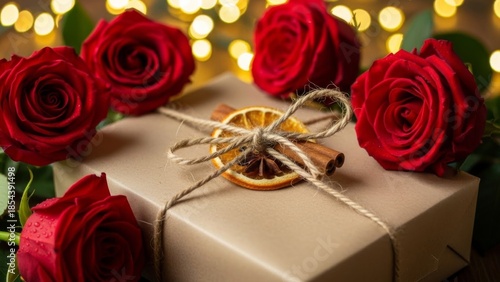 Roses and gift box adorned with dried orange and cinnamon